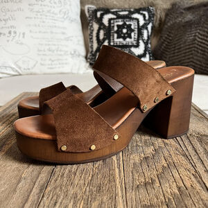 Avellini Sandals Womens 9 Brown Suede Platform Studded Heel Italy Boho Cottage